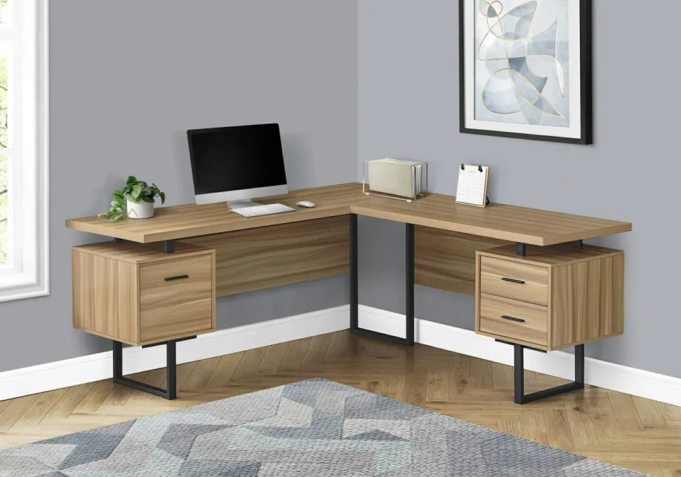 Computer Desk, Home Office, Corner, Left, Right Set-up, Storage Drawers, 70"L, L Shape, Work, Laptop, Brown Laminate, Black Metal, Contemporary, Modern