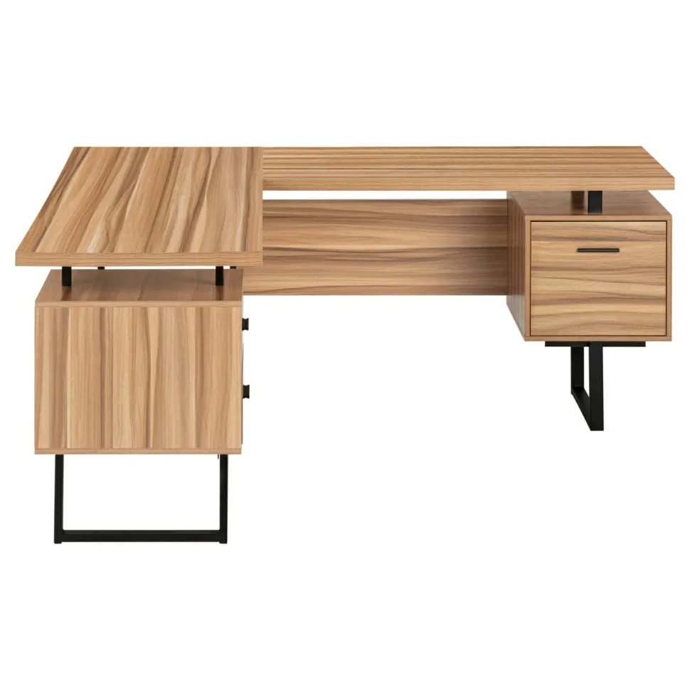 Computer Desk, Home Office, Corner, Left, Right Set-up, Storage Drawers, 70"L, L Shape, Work, Laptop, Brown Laminate, Black Metal, Contemporary, Modern
