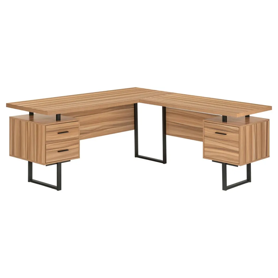 Computer Desk, Home Office, Corner, Left, Right Set-up, Storage Drawers, 70"L, L Shape, Work, Laptop, Brown Laminate, Black Metal, Contemporary, Modern