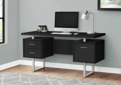 Computer Desk, Home Office, Laptop, Left, Right Set-up, Storage Drawers, 60"L, Work, Black Laminate, Grey Metal, Contemporary, Modern