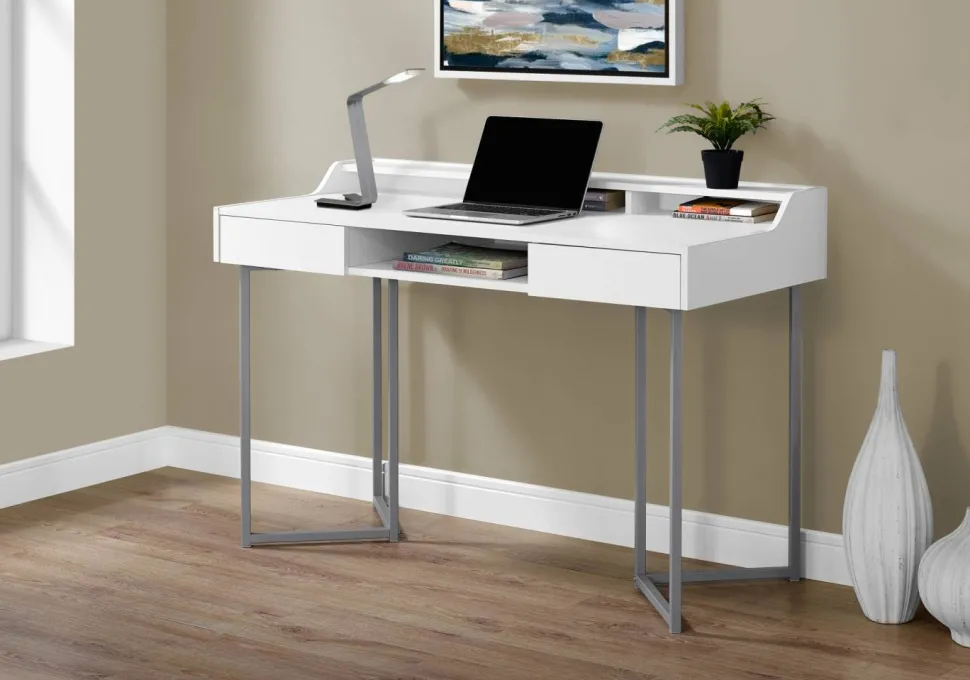 Computer Desk, Home Office, Laptop, Storage Drawers, 48"L, Work, White Laminate, Grey Metal, Contemporary, Modern