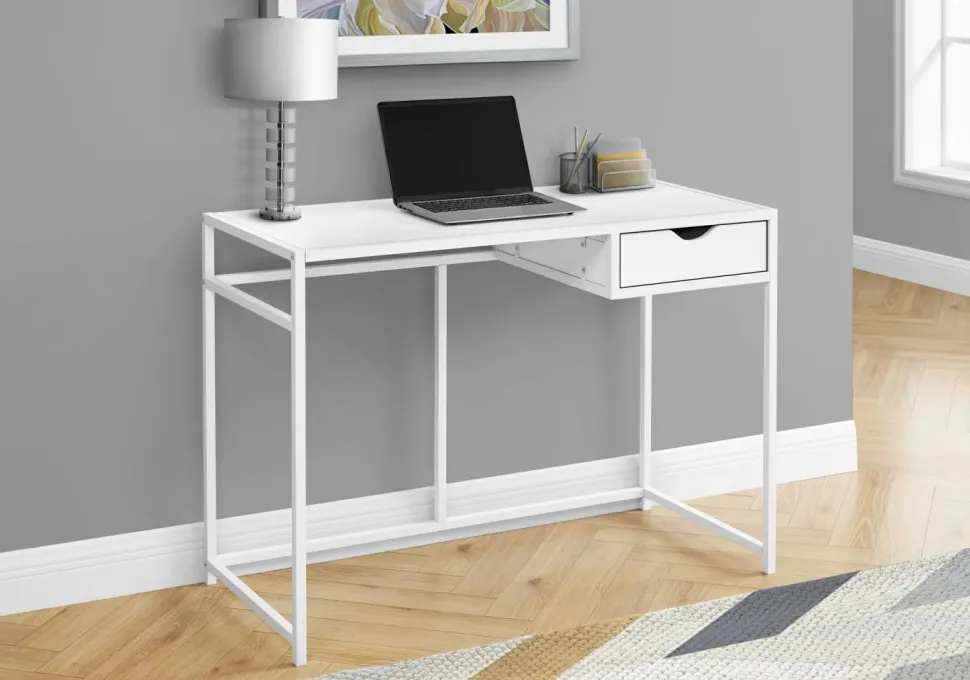Computer Desk, Home Office, Laptop, Storage Drawer, 42"L, Work, White Laminate, White Metal, Contemporary, Modern