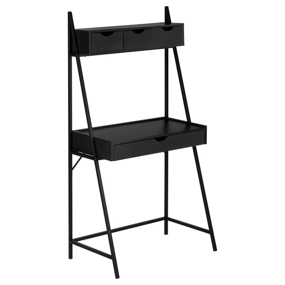 Computer Desk, Home Office, Laptop, Leaning, Storage Drawers, 32"L, Work, Black Laminate, Black Metal, Contemporary, Modern