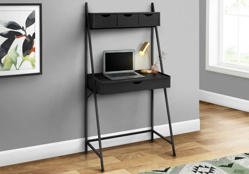 Computer Desk, Home Office, Laptop, Leaning, Storage Drawers, 32"L, Work, Black Laminate, Black Metal, Contemporary, Modern