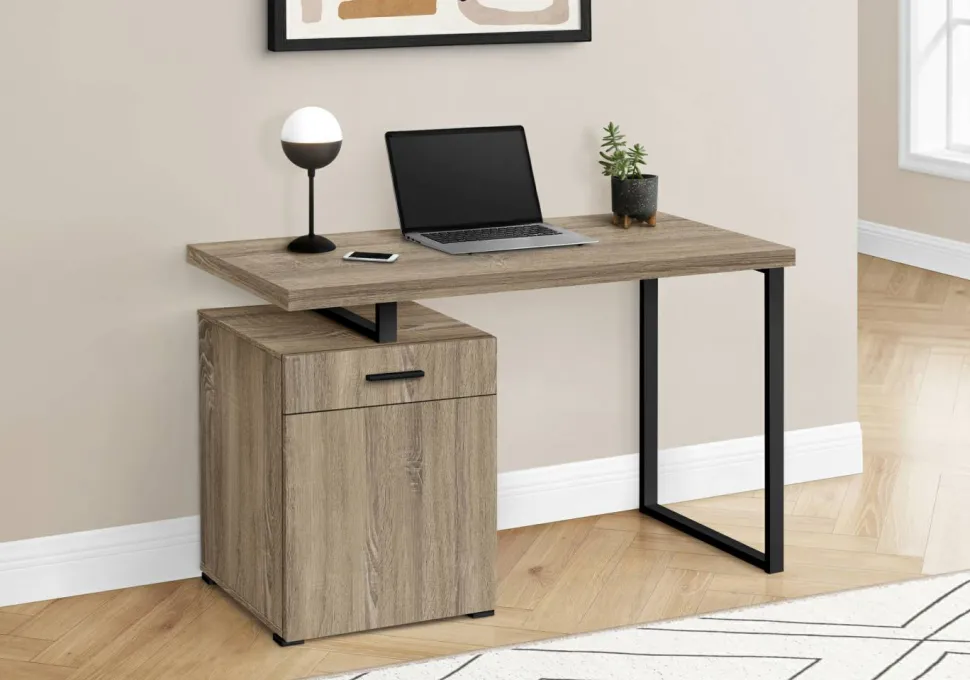 Computer Desk, Home Office, Laptop, Left, Right Set-up, Storage Drawers, 48"L, Work, Brown Laminate, Black Metal, Contemporary, Modern