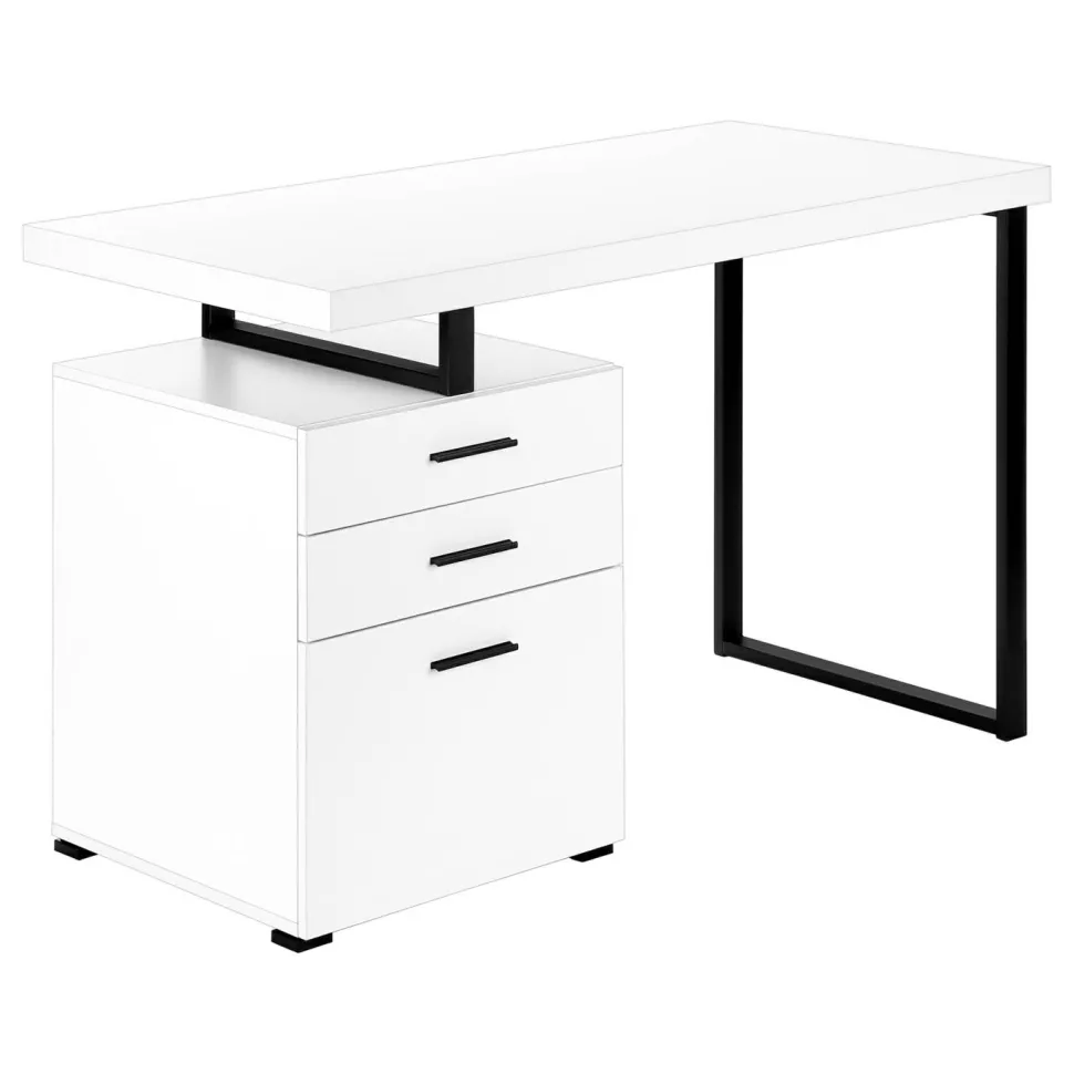 Computer Desk, Home Office, Laptop, Left, Right Set-up, Storage Drawers, 48"L, Work, White Laminate, Black Metal, Contemporary, Modern