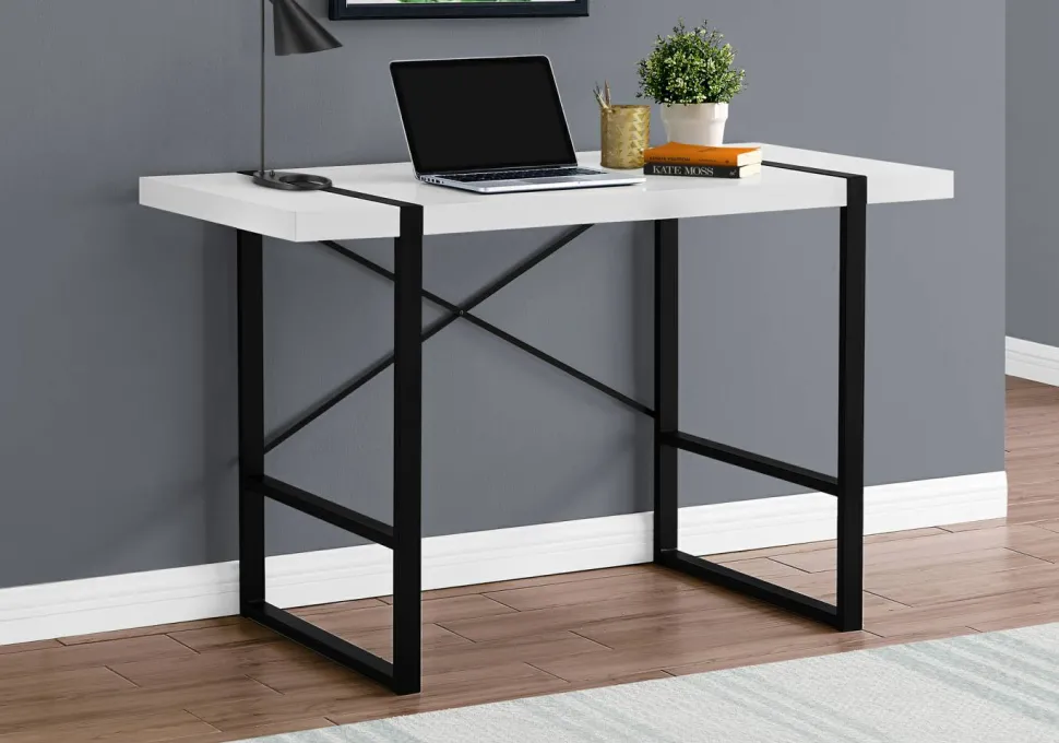 Computer Desk, Home Office, Laptop, 48"L, Work, White Laminate, Black Metal, Contemporary, Modern