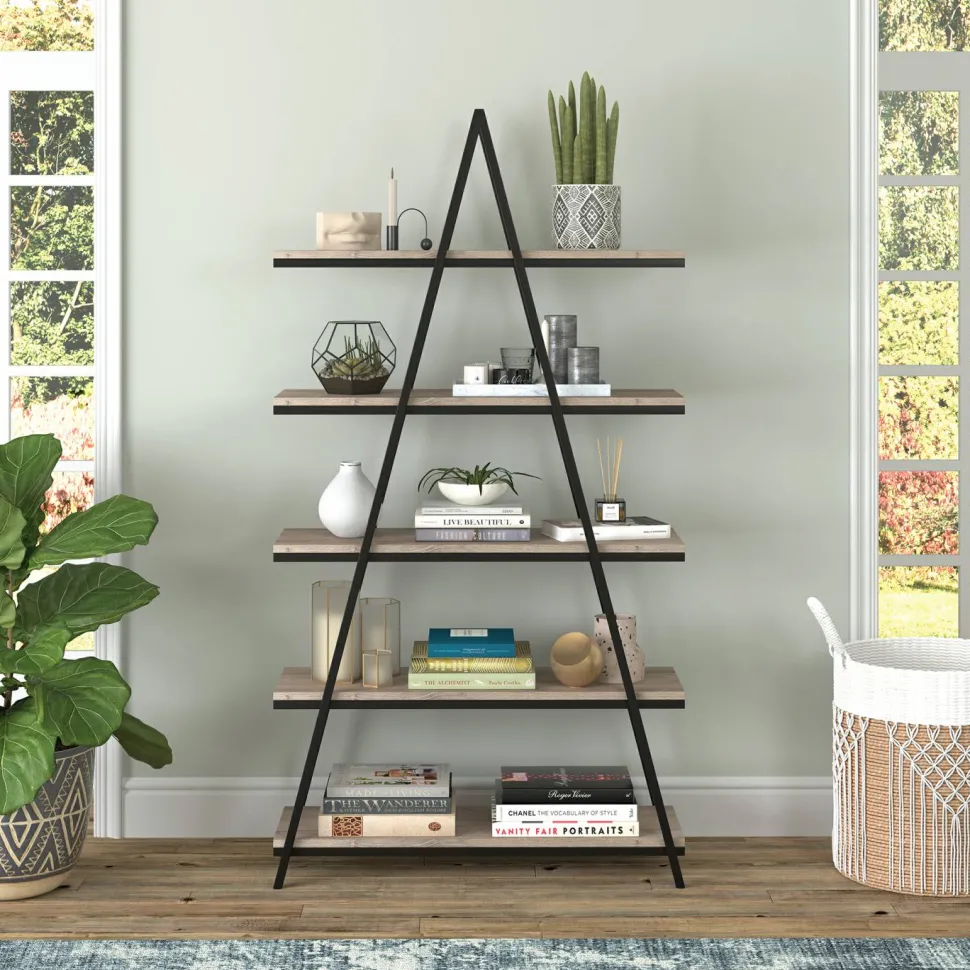 Conry 68'' Tall A-Frame Bookcase in Blackened Bronze/Antiqued Gray Oak