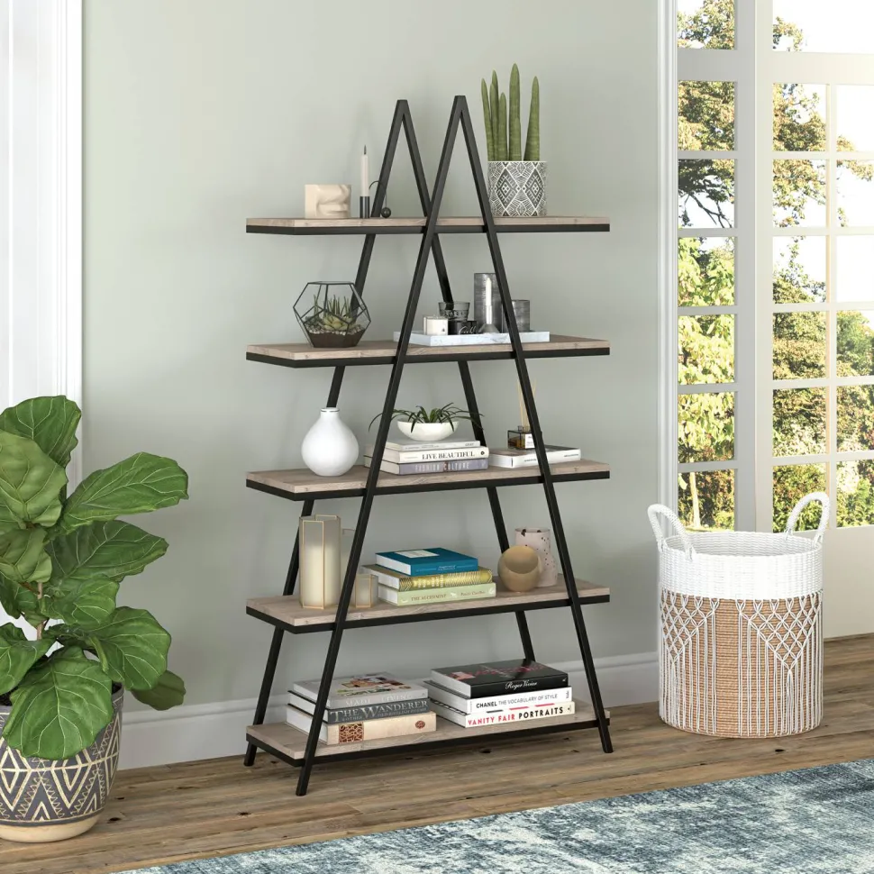Conry 68'' Tall A-Frame Bookcase in Blackened Bronze/Antiqued Gray Oak