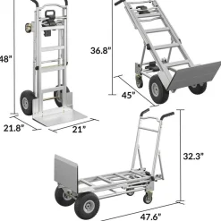 Cosco 3-in-1 Convertible Hand Truck, 800 lb to 1,000 lb Capacity, 21.06 x 21.85 x 48.03, Aluminum