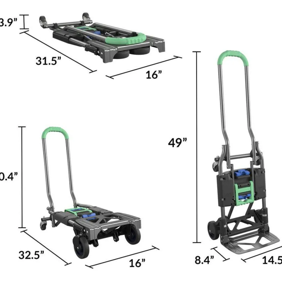 Cosco 2-in-1 Multi-Position Hand Truck and Cart, 300 lbs, 16.63 x 12.75 x 49.25, Black/Blue/Green