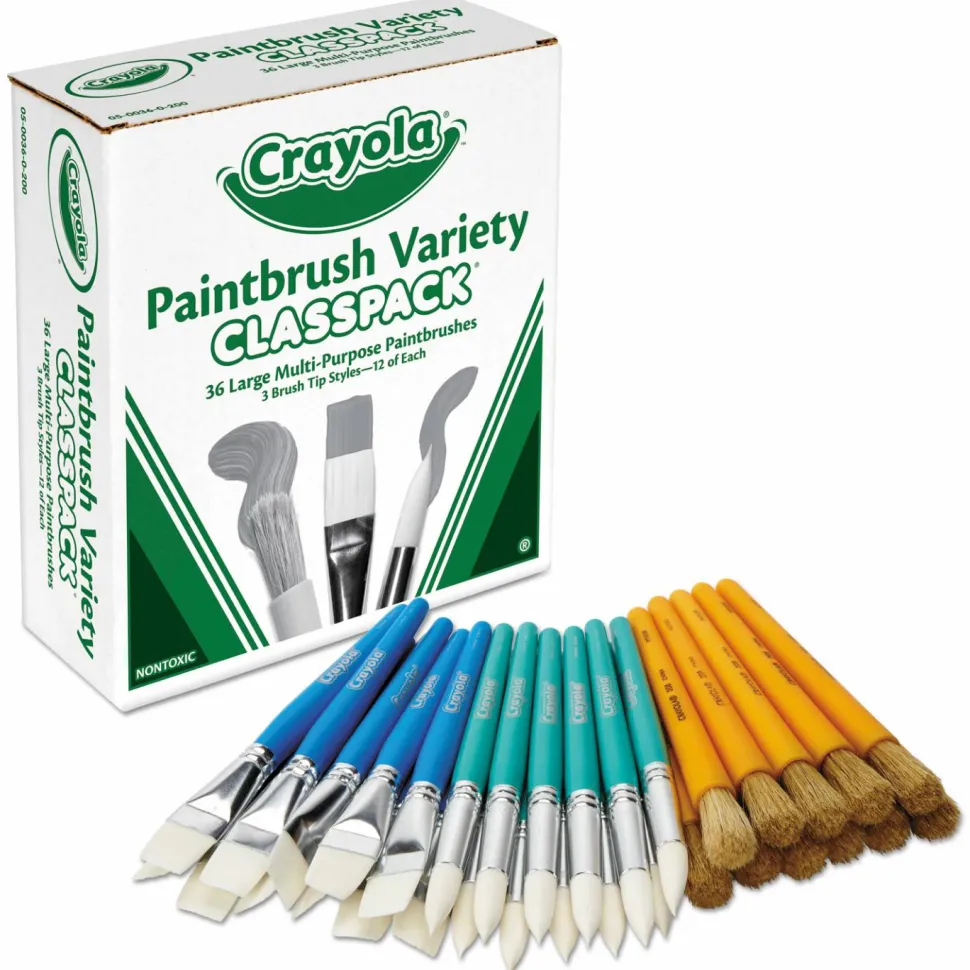 Crayola Large Variety Paint Brush Classpack, Natural; Nylon Bristles, Flat; Round Profiles, 36/Set