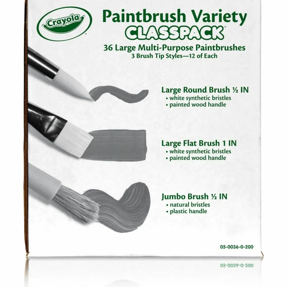 Crayola Large Variety Paint Brush Classpack, Natural; Nylon Bristles, Flat; Round Profiles, 36/Set