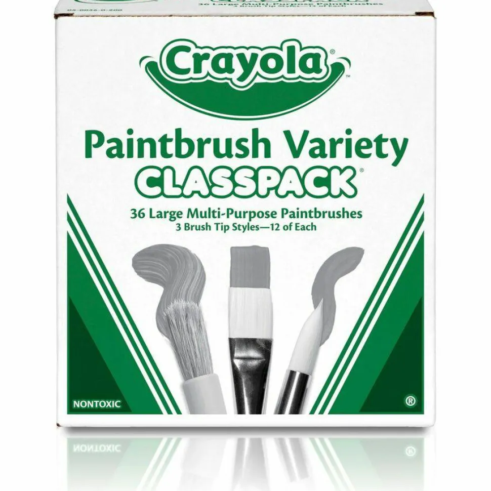 Crayola Large Variety Paint Brush Classpack, Natural; Nylon Bristles, Flat; Round Profiles, 36/Set