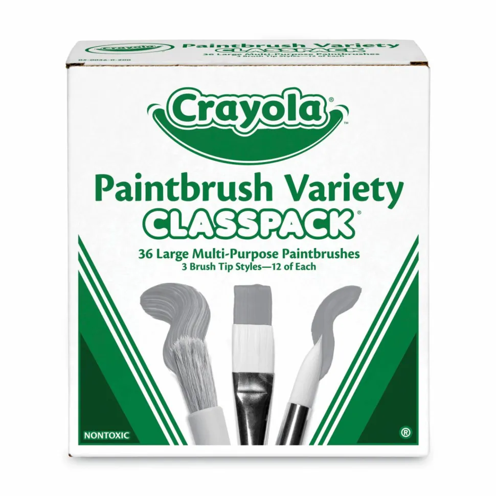 Crayola Large Variety Paint Brush Classpack, Natural; Nylon Bristles, Flat; Round Profiles, 36/Set