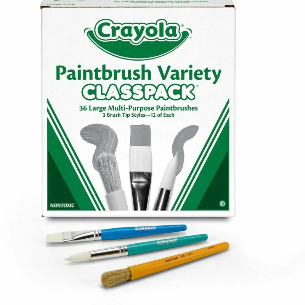 Crayola Large Variety Paint Brush Classpack, Natural; Nylon Bristles, Flat; Round Profiles, 36/Set