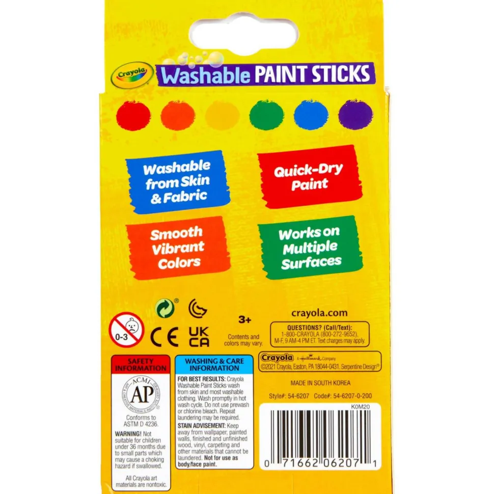 Crayola Washable Paint Sticks, Assorted Colors, Pack Of 6 Sticks