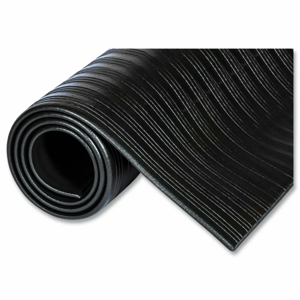 Crown Ribbed Vinyl Anti-Fatigue Mat, Rectangular, Black Ribbed Surface, 36" x 12 ft
