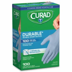 Curad Powder-Free Nitrile Exam Gloves, One Size Fits Most, 3.5 mil Thick, 7.36" Long, Blue, 100/Box