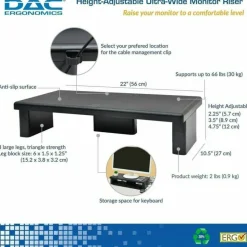 DAC Stax MP-211-Adjustable Ultra-Wide Monitor/Laptop Stand, Black - 66 lb Load Capacity - 4.8