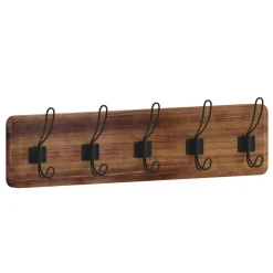 Daly Wall Mounted 24 Inch Rustic Brown Solid Pine Wood Storage Rack with 5 Hooks For Entryway, Kitchen, Bathroom