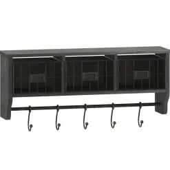 Daly Wall Mounted 24 Inch Solid Pine Wood Storage Rack with Upper Shelf, 5 Hooks, Wire Baskets For Entryway, Kitchen, Bathroom in Blackwashed