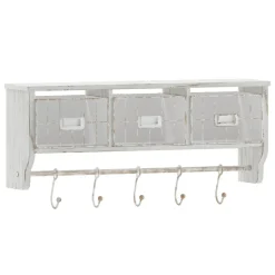 Daly Wall Mounted 24 Inch Solid Pine Wood Storage Rack with Upper Shelf, 5 Hooks, Wire Baskets For Entryway, Kitchen, Bathroom in Whitewashed