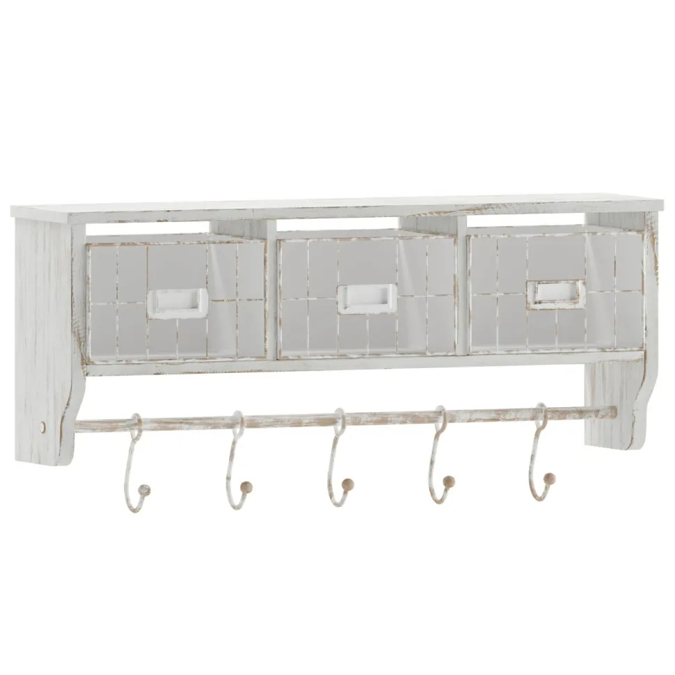 Daly Wall Mounted 24 Inch Solid Pine Wood Storage Rack with Upper Shelf, 5 Hooks, Wire Baskets For Entryway, Kitchen, Bathroom in Whitewashed