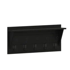 Daly Wall Mounted 24 Inch Solid Pine Wood Storage Rack with Upper Shelf and 5 Hooks For Entryway, Kitchen, Bathroom, Black