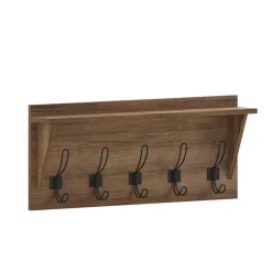Daly Wall Mounted 24 Inch Solid Pine Wood Storage Rack with Upper Shelf and 5 Hooks For Entryway, Kitchen, Bathroom, Rustic Brown