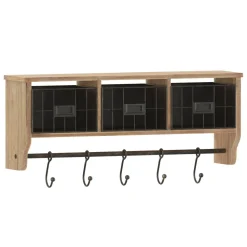 Daly Wall Mounted 24 Inch Solid Pine Wood Storage Rack with Upper Shelf, 5 Hooks, Wire Baskets For Entryway, Kitchen, Bathroom in Rustic Brown