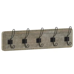 Daly Wall Mounted 24 Inch Weathered Solid Pine Wood Storage Rack with 5 Hooks For Entryway, Kitchen, Bathroom