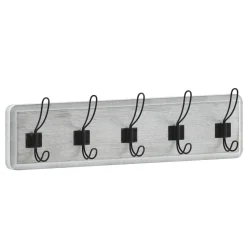 Daly Wall Mounted 24 Inch Whitewashed Solid Pine Wood Storage Rack with 5 Hooks For Entryway, Kitchen, Bathroom