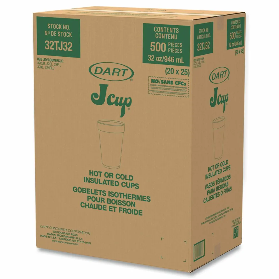 Dart Foam Drink Cups, 32 oz., White, 25/Bag, 20 Bags/Carton