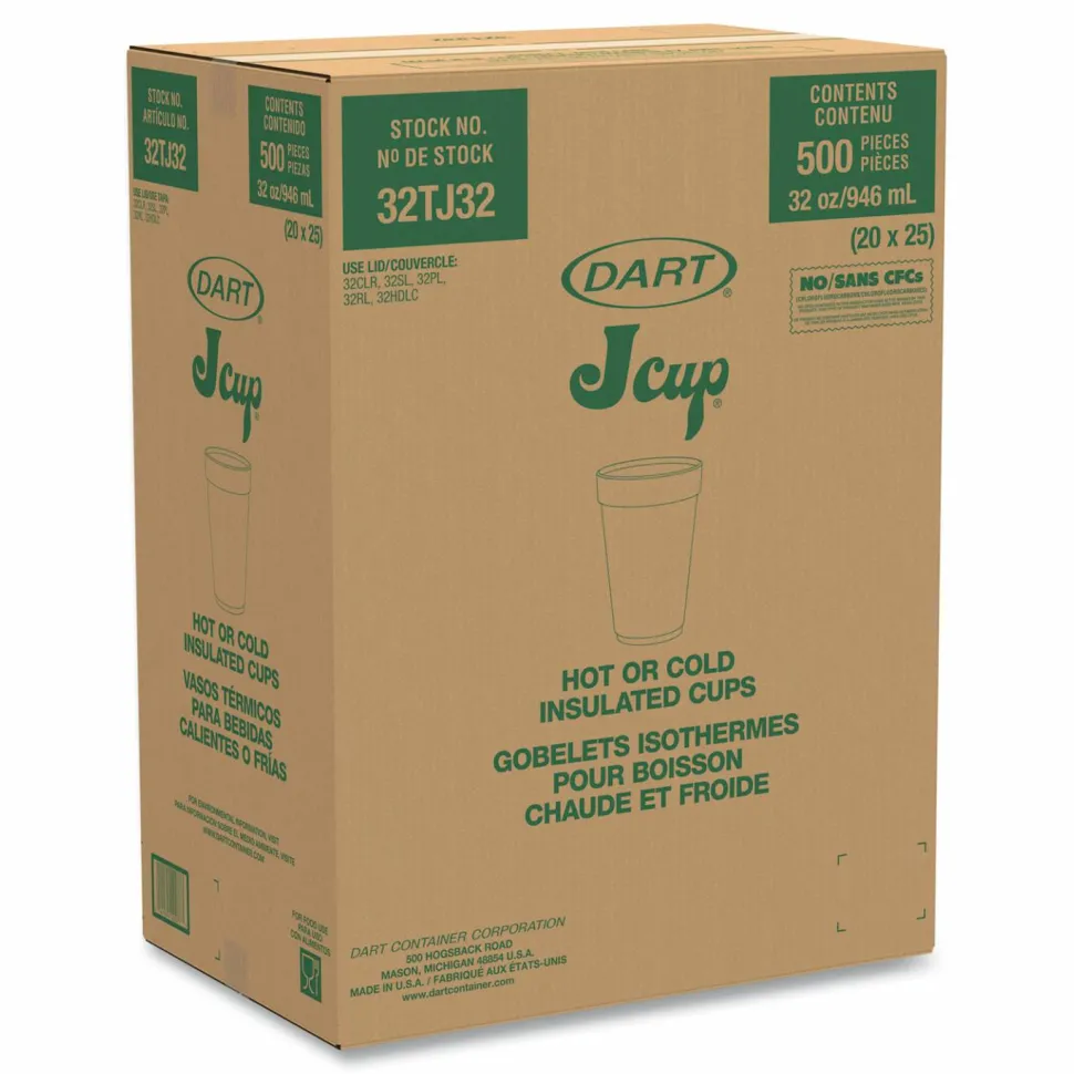 Dart Foam Drink Cups, 32 oz., White, 25/Bag, 20 Bags/Carton