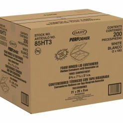 Dart Foam Hinged Lid Containers, 3 Compartments, 8.38 x 7.78 x 3.25, 200/Carton