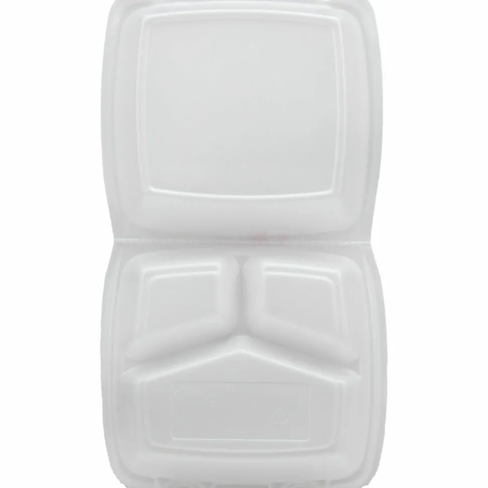 Dart Foam Hinged Lid Containers, 3 Compartments, 8.38 x 7.78 x 3.25, 200/Carton