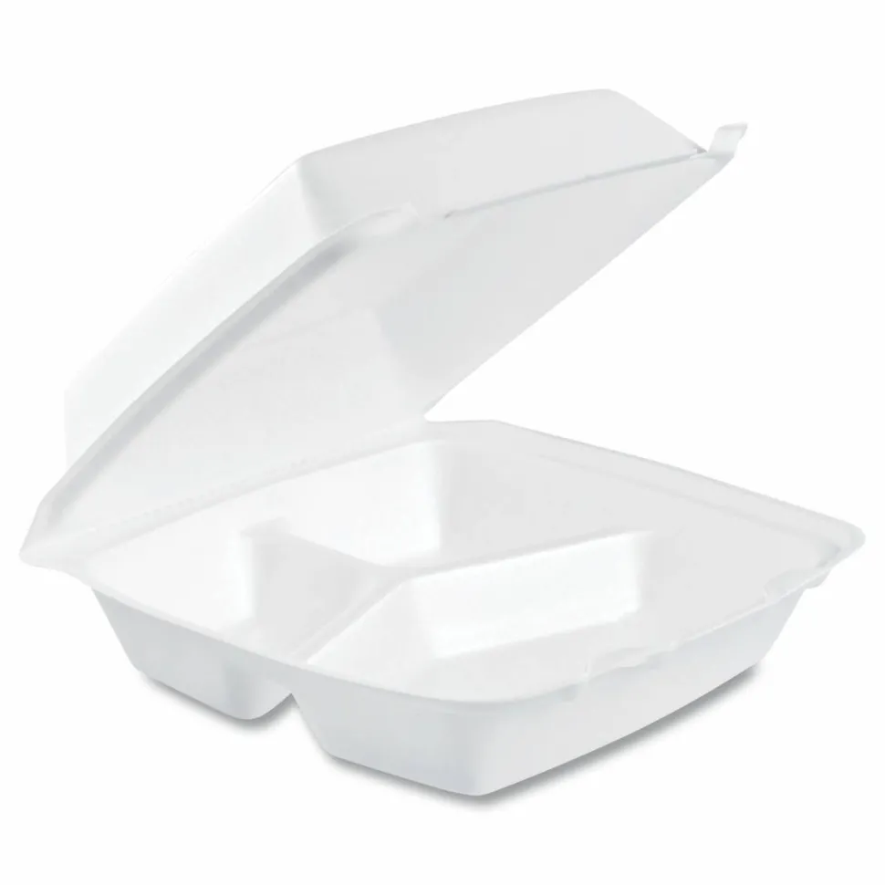 Dart Foam Hinged Lid Containers, 3 Compartments, 8.38 x 7.78 x 3.25, 200/Carton