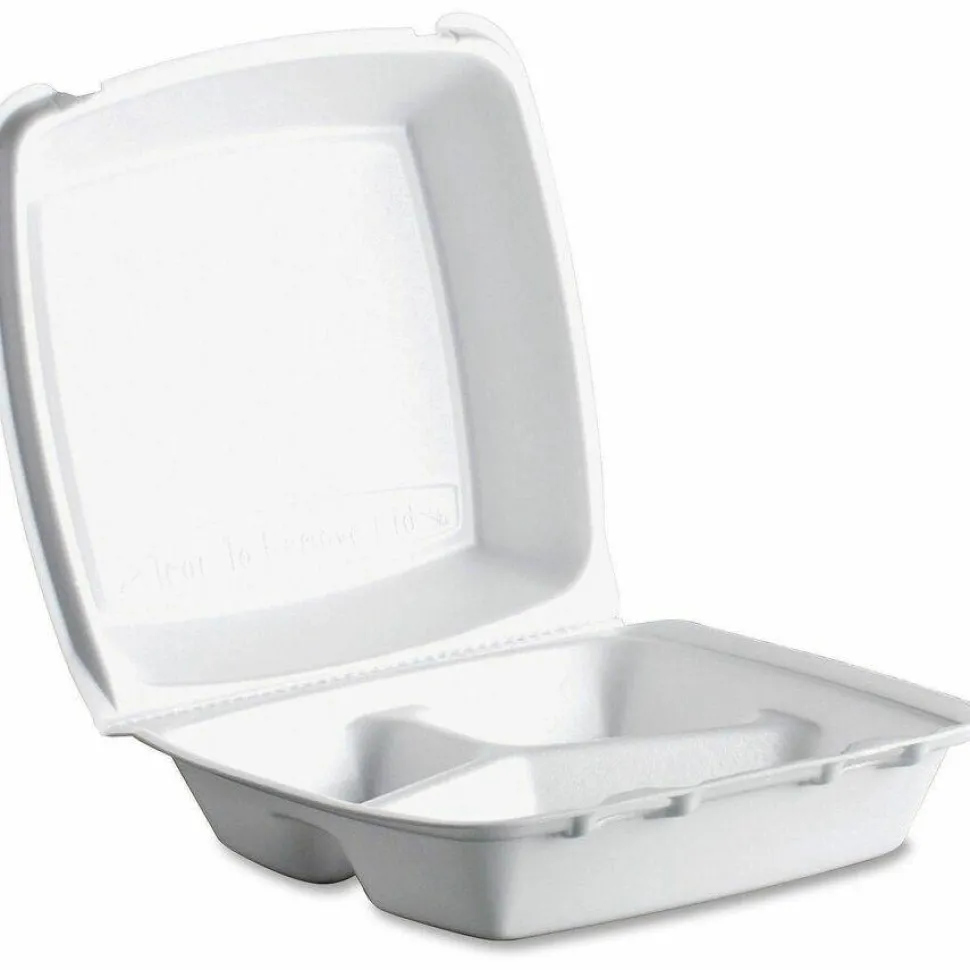 Dart Foam Hinged Lid Containers, 3 Compartments, 8.38 x 7.78 x 3.25, 200/Carton