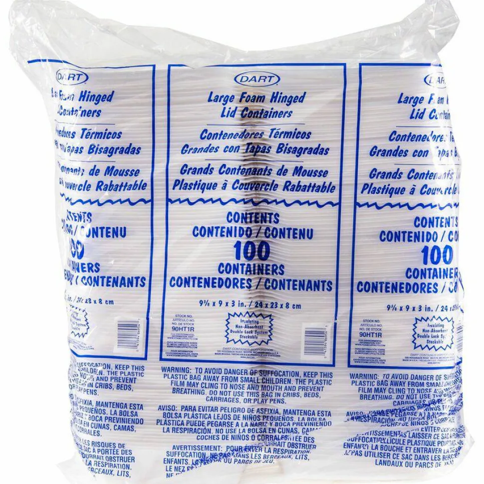 Dart Large Carryout Foam Trays, 1 Compartment, 9" x 9", White, Pack Of 100