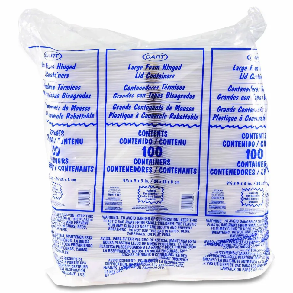 Dart Large Carryout Foam Trays, 1 Compartment, 9" x 9", White, Pack Of 100