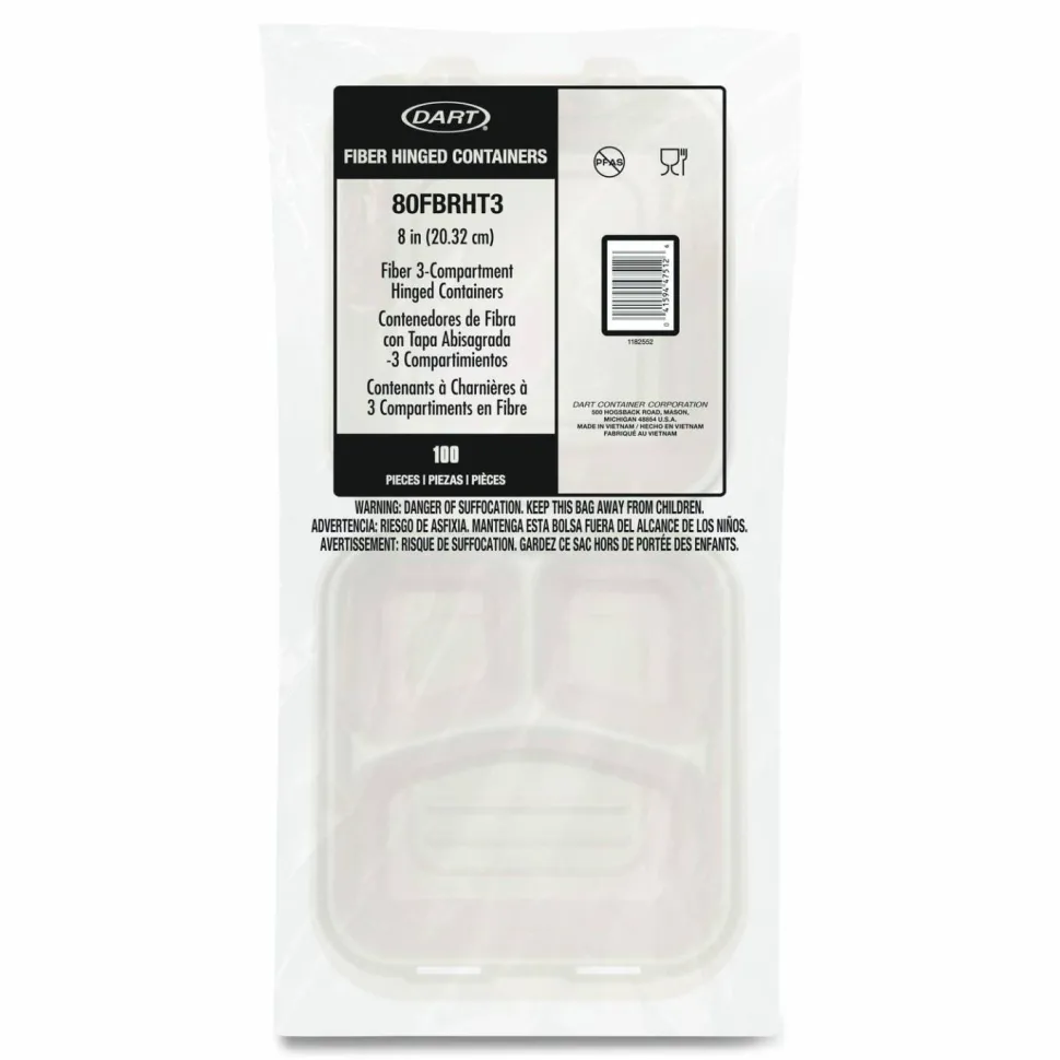 Dart Molded Fiber Hinged Trays, ProPlanet Seal, 3 Compartments, 8.65 x 7.94 x 2.98, Natural, 200/Carton