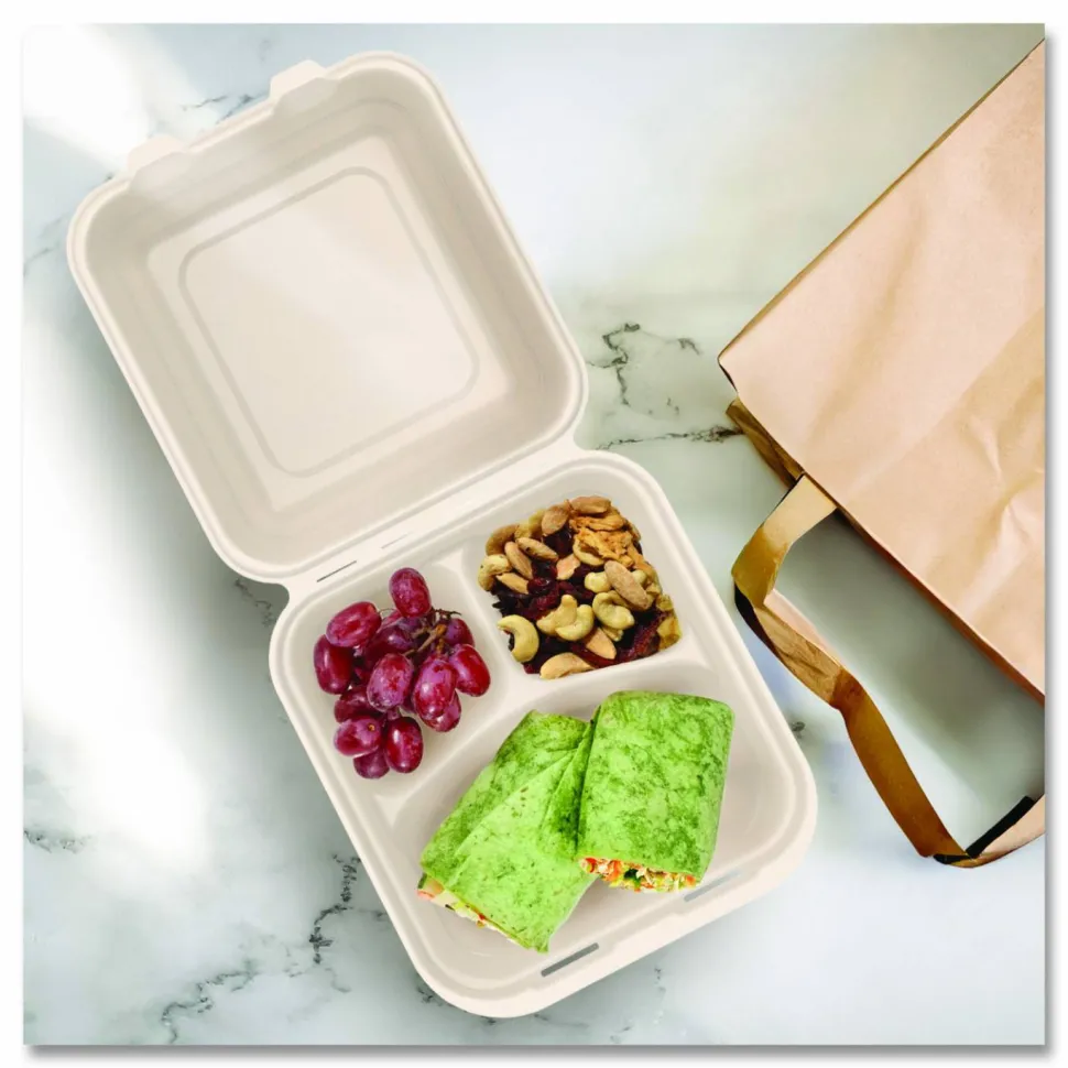 Dart Molded Fiber Hinged Trays, ProPlanet Seal, 3 Compartments, 8.65 x 7.94 x 2.98, Natural, 200/Carton