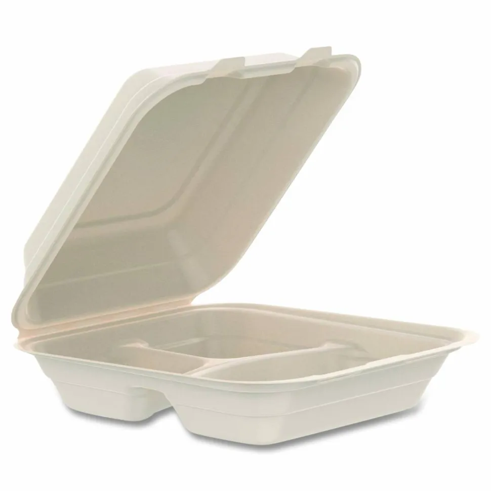 Dart Molded Fiber Hinged Trays, ProPlanet Seal, 3 Compartments, 8.65 x 7.94 x 2.98, Natural, 200/Carton