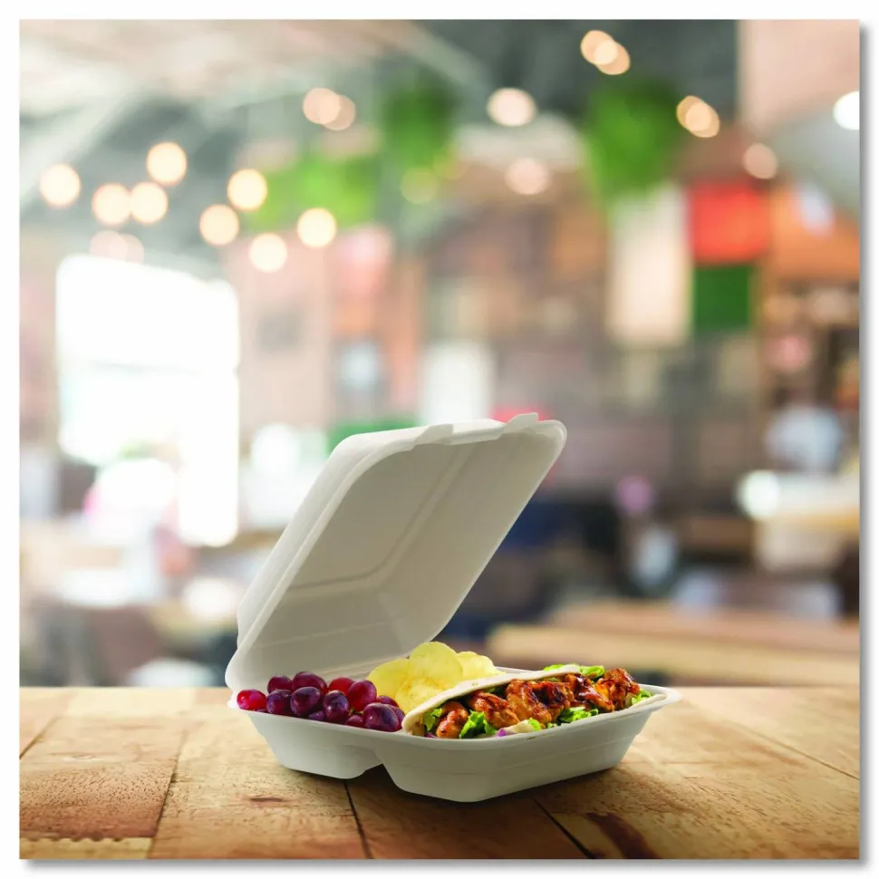 Dart Molded Fiber Hinged Trays, ProPlanet Seal, 3 Compartments, 8.65 x 7.94 x 2.98, Natural, 200/Carton