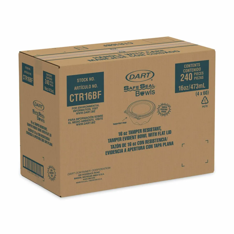 Dart SafeSeal Tamper-Resistant, Tamper-Evident Bowls with Flat Lid, 16 oz, 5.5" Diameter x 2.7" h, Clear, Plastic, 240/Carton