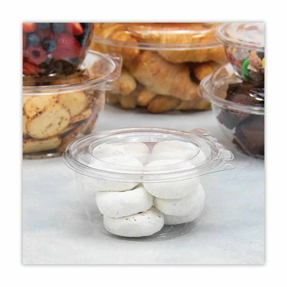 Dart SafeSeal Tamper-Resistant, Tamper-Evident Bowls with Flat Lid, 16 oz, 5.5" Diameter x 2.7" h, Clear, Plastic, 240/Carton