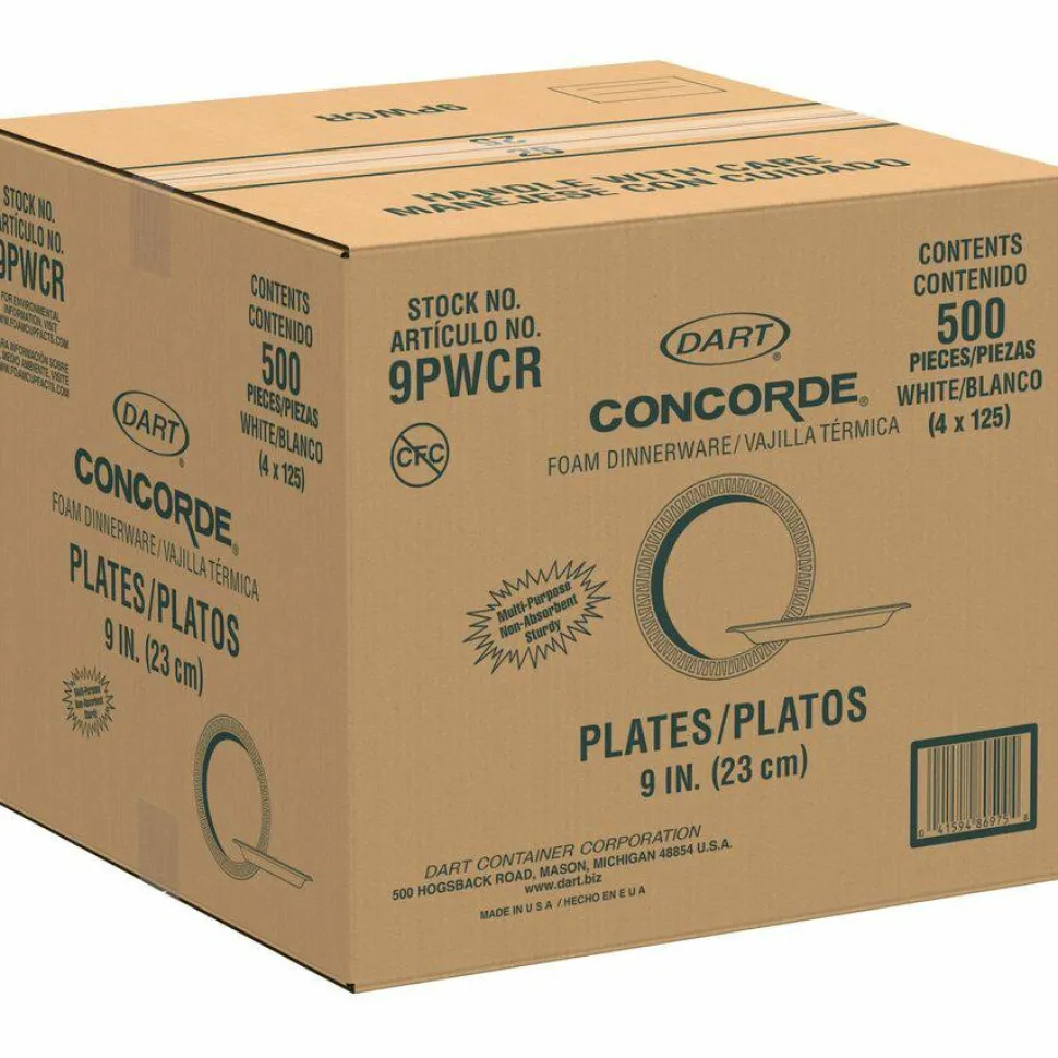 Dart Concorde Foam Plates, 9", White, Carton Of 500