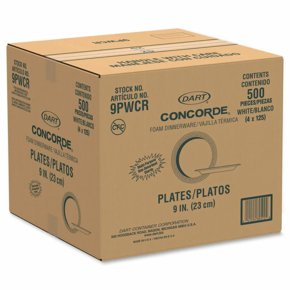 Dart Concorde Foam Plates, 9", White, Carton Of 500