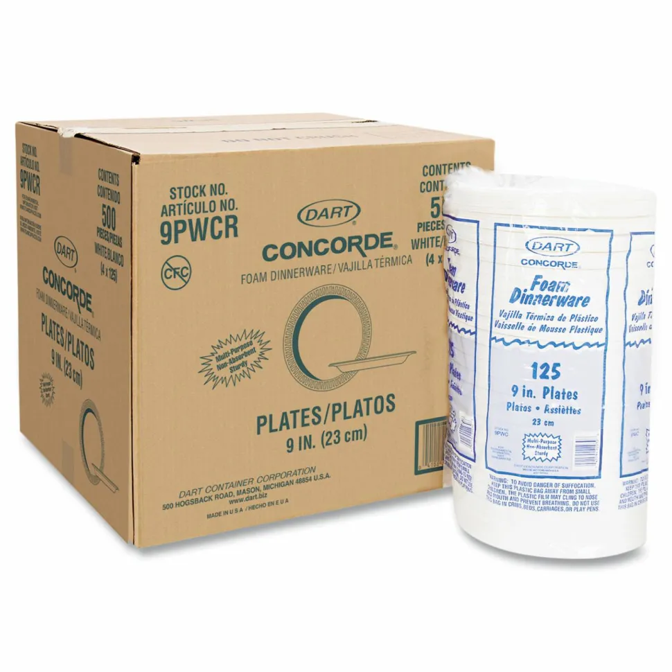 Dart Concorde Foam Plates, 9", White, Carton Of 500